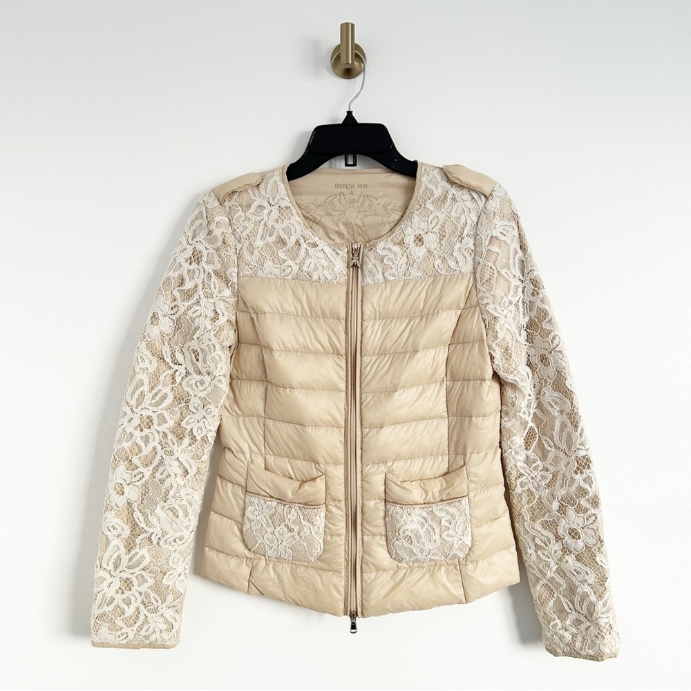 Patrizia Pepe Cream & White Lace Down Filled Lightweight Puffer Jacket Size 42
